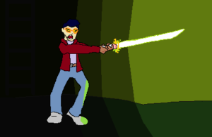 A punk lights his way through a dark tunnel ny brandishing a glowing sword.