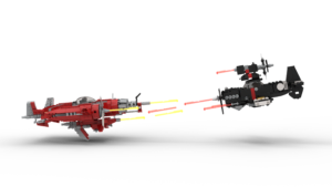 Two airplanes engage in a dogfight, attacking each other with an array of lasers.