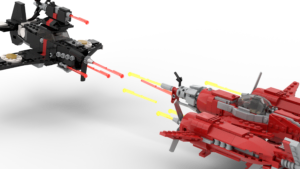 Two airplanes engage in a dogfight, attacking each other with an array of lasers.